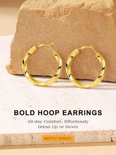 Bestyle 5mm Thick Gold Hoop Earrings Hypoallergenic Hoops for Sensitive Ears Trendy Lightweight Chunky Earrings for Women 30/40/60/80mm - color: 02-Gold, size: 40mm