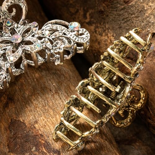 Fancy Hair Claw Jaw Clips Pins For Womens, Vintage Rhinestone Crystal Flowers Hair Barrette for Thick Hair Accessories White Silver - color: gold