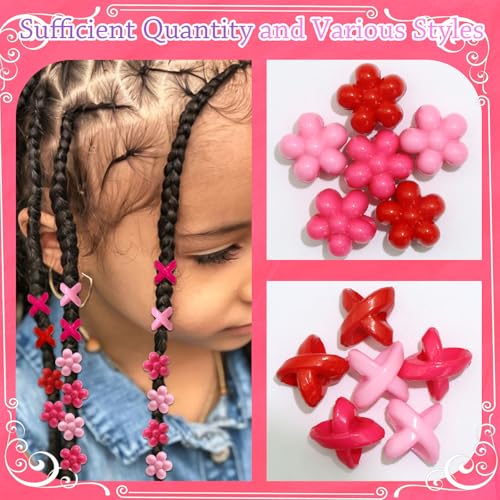 NAISKA 60PCS Pink Hair Beads for Braids Hot Pink Bead Loc Dreadlock Jewelry Multi-style Large Hole Beads Cute Flower Valentine's Day Hair Accessories for Kids Girls - color: Pink & Rose Red & Red