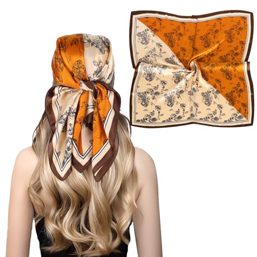 Relang Fashion Silk Satin Head Scarf for Women Hair Bandana Hair Scarf Wrap Neck Scarf for Women 27.5×27.5 inches - color: Apricot and Orange