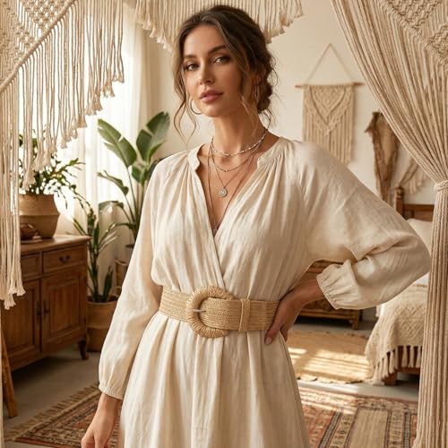 Straw Woven Elastic Belt for Women Stretchy Boho Braided Waist Belt Rattan Belts for Dress