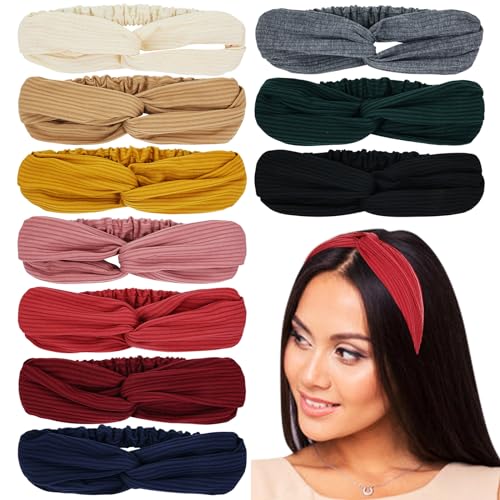 Dizila 10 Pack Vintage Solid Super Soft Stretchy Workout Sports Yoga Headbands Cross Twist Knotted Hair Bands Headwraps for Women Girls - color: 10pcs Dark Color Set