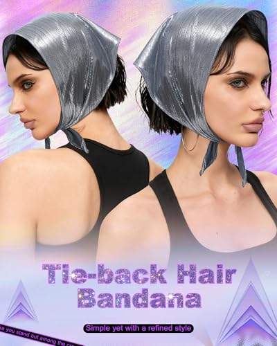 Punk Triangle Head Scarf with Metal Charms - Y2K Sparkly Bandana for Women | Vintage Neck Scarf for Festival Party Concert - color: Brushed Silver