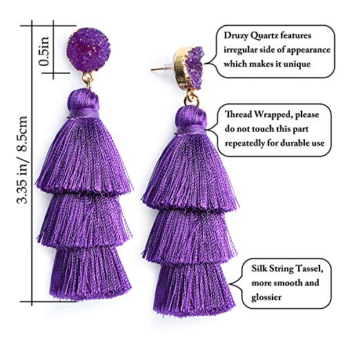 Me&Hz Colorful Layered Tassel Earrings Bohemian Statement Tiered Tassel Big Dangle Drop Earrings for Women Druzy Studs Valentine’s Day Gift - color: Purple