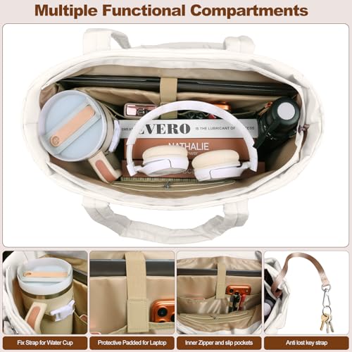 YFWE Puffer Tote Bag for women, Lightweight Tote Bag with Compartments for Work, Travel, School, Gym & Nurses - color: Cream