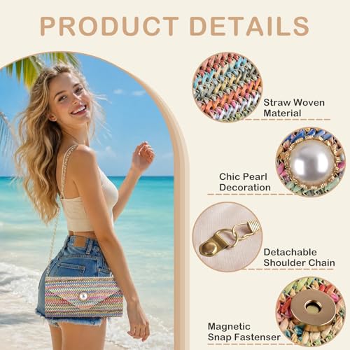 PACETAP Straw Clutch Purse for Women, Pearl Decoration Boho Crossbody Bags, Evening Clutch Purses Handbags for Wedding Party Cocktail Prom Dinner(Iridescence) - color: Straw Iridescence