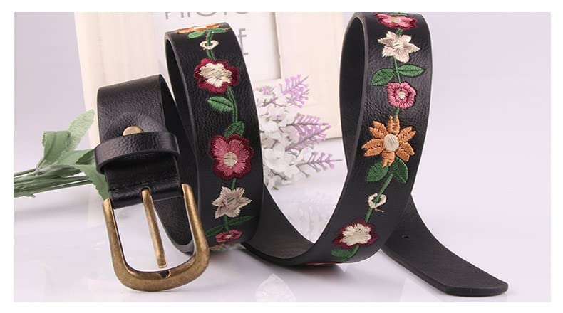 Utaly Women's Floral-Embroidered-Black-Leather-Belt - Vintage Boho Country Style Flower-Belts