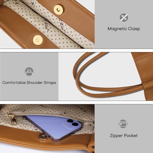 KKXIU Tote Bag for Women Vegan Leather Shoulder Purse Large Capacity Travel Bag - color: Brown2