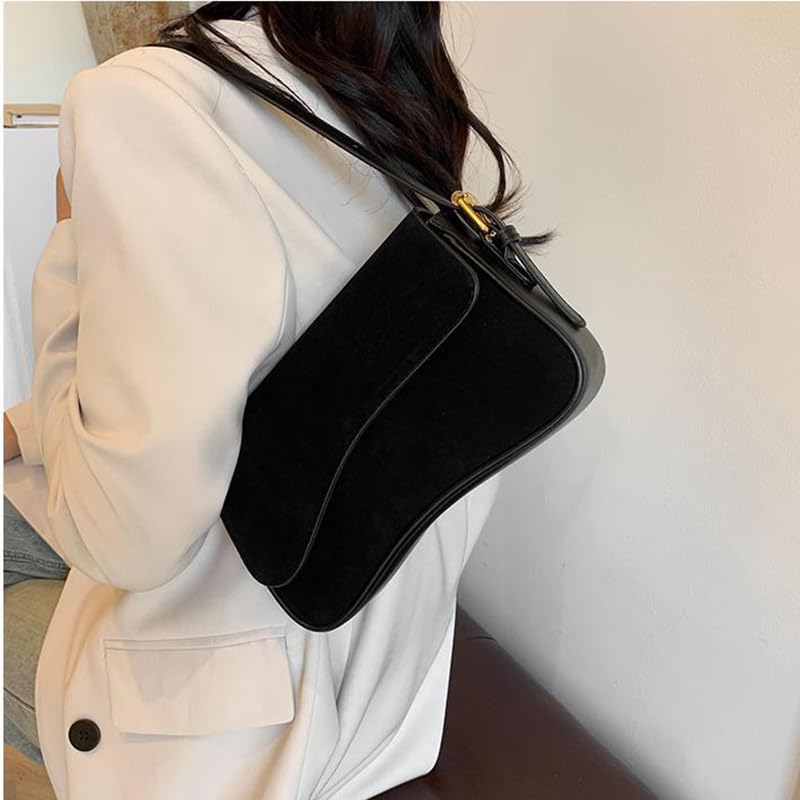 Women's Shoulder Bag Suede Handbag Underarm Purse Tote Bag Brown Suede Purse Y2K Crossbody Bag with Removable Strap - color: Black
