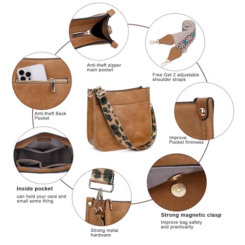 HKCLUF Crossbody Bag Purse for Women 2PCS/Set Leather Hobo Handbag Wallet Set With 2Adjustable Guitar Strap Shoulder Bag | Purse - color: A9-lightbrown