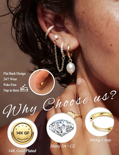 LOLIAS Hypoallergenic Flat Back Earrings Set for Women-Surgical Stainless Steel Earrings for Sensitive Ears-14K Gold Plated Chain Cartilage Earring Stacks Flatback Stud Hoop Earring Sets for Multiple Piercing Jewelry - color: Gold