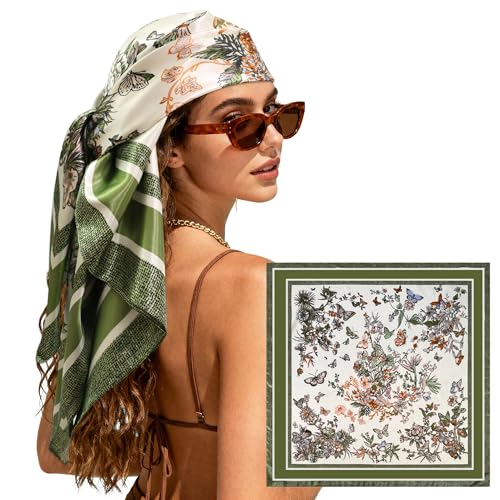 Large Square Head Scarf Bandana - 35" Satin Hair Scarf for Women Like Silk Scarf Fashion Hair Wrapping - color: Garden Butterfly(green), size: 35IN*35IN