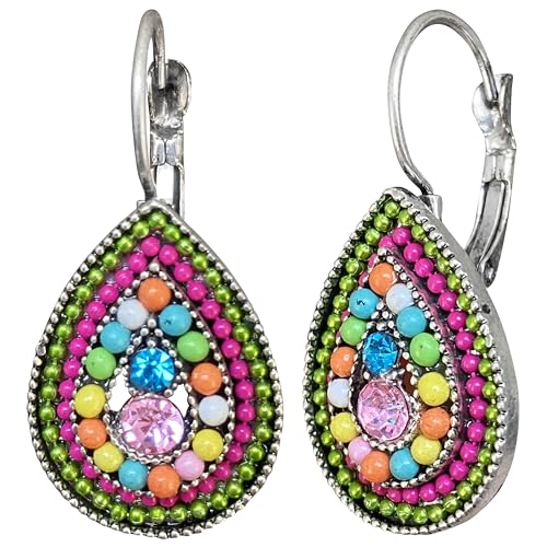 Bohemian Vintage Sliver Geometry Enamel Flower Lightweight Dangle Hoop Earrings Ethnic Handmade Circle Disc Teardrop Earrings For Women - color: Red