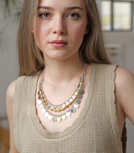 Noessla Layered Beaded Chunky Necklace for Women Boho Two-color Shell Statement Necklace Fashion Collar Costume Jewelry Gifts for Mum - color: 94-Yellow