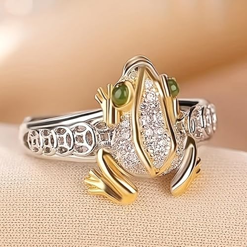 Frog Ring for Women Men Gold And Silver Money Frog Rings Green Rhinestone Cute Animal Ring Bohemian Rings Lucky Wealth Jewelry Accessories Summer Vacation Gifts for Women Men