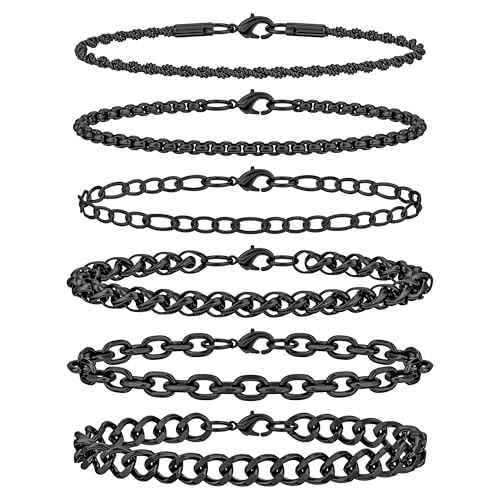 6PCS Stainless Steel Bracelets for Men Women, Silver Gold Black Cuban Link Rope Box Wheat Chain Paperclip Figaro Jewelry Set, 7/8/9 Inches - color: Black, size: 9 inches