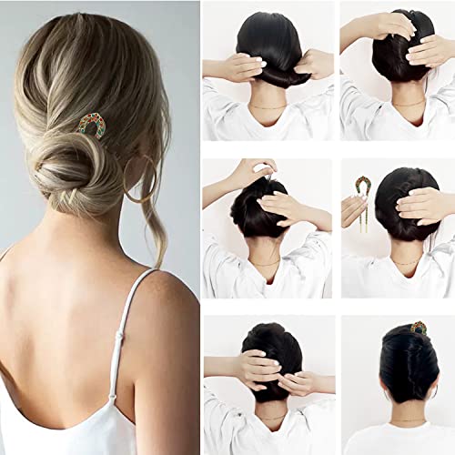 yueton 4PCS U Shaped Alloy Rhinestone Hair Sticks Vintage Double Prong Hair Sticks Retro Hair Chopsticks Hair Forks Hairpins Hair Pins Chignon Pins Long Hair Decorations Hair Styling Pins for Buns