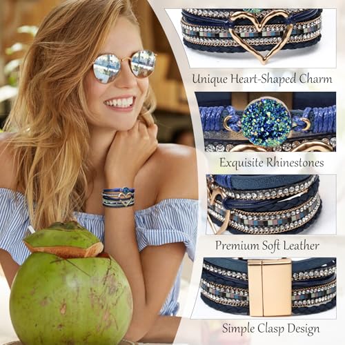 Leather Wrap Bracelet for Women, Boho Cuff Bracelet with Strong Clasp, Multi-Layer Crystal Leather Bracelet for Valentine Mother's Day - color: 01-Heart-Dark Blue