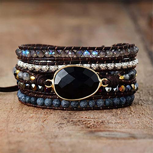 YGLINE Boho Handmade Wrap Leather Tube Crystal Stone Bracelet for Women - color: Oynx