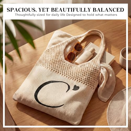 Shinylin Personalized Crochet Tote Bag for Beach Women Beige Mesh Knit Shoulder Bag Boho Aesthetic Tote for Women - style: Letter C