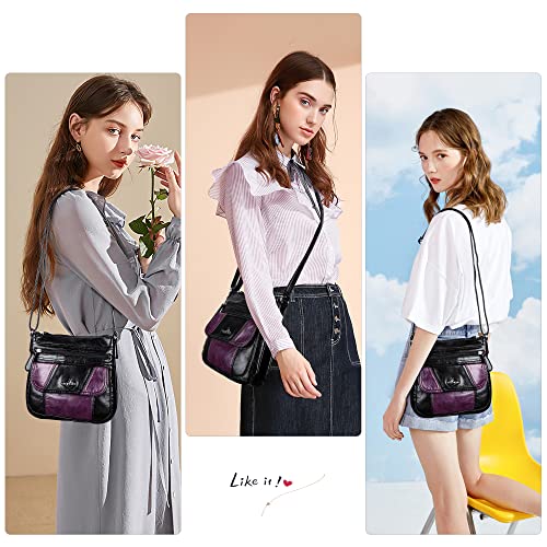 Angelkiss Small Womens Crossbody Bag Leather Shoulder Purse for Women Hobo Bag with Adjustable Shoulder Strap - color: Black/Purple