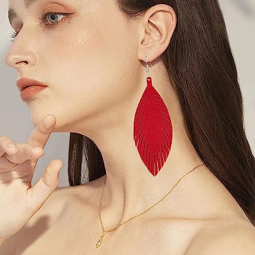 Large Genuine Soft leaf Leather Handmade Fringe Tassel Feather Lightweight Tear Drop Dangle Color Earrings for Women - color: Wine Red