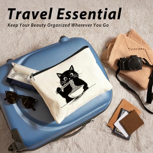 Black Cat Makeup Bag, Funny Black Kitty Eat Noodles Cosmetic Bags for Women, Cat Mom Lady Lover Gifts for Women, Pet Lovers Owners Gifts Zipper Makeup Pouch - color: 02-Cat(02)