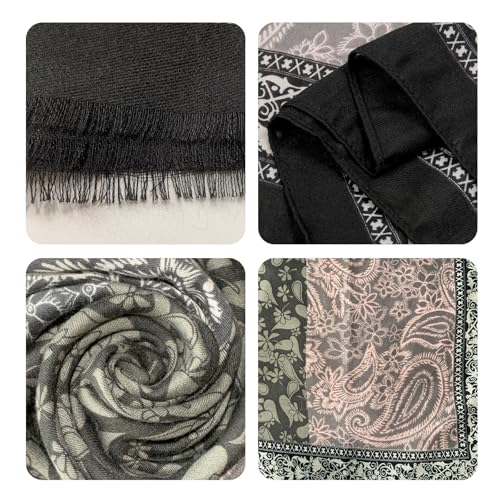 Paisley Pashmina Feel Shawls Wraps for Women Rave Scarf Soft Silky Exotic Boho All Seasons - color: Grey Pink
