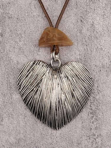 Kelake Leather Necklace for Women Men Teen Vinatge Boho Alloy Pendant Choker Jewelry Fashion Sweater Necklaces with Adjustable Genuine Leather Chain - color: Brown Jade Silver Heart Pendant Necklace