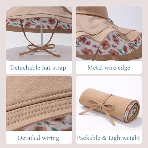 Wide Brim Sun Hat for Women Reversible Beach Hats Metal Wired Edge Gardening Hats, UPF 50+ Bucket Summer Hat - color: Khaki