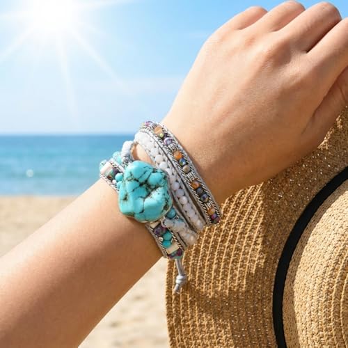 YGLINE Natural Stone Bracelet 5 Wraps Bracelet Handmade Blue Color Boho Bracelet for Women Bracelet - color: turquoise 3