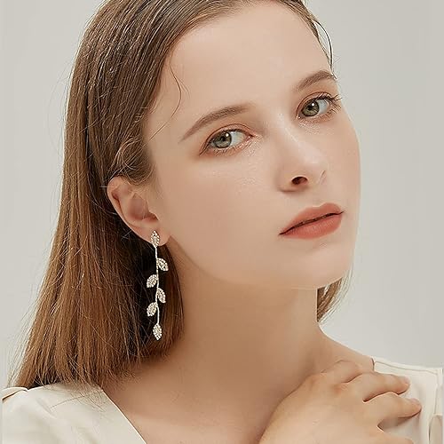 Dangling Earrings for Women Bridal Earrings for Wedding Rhinestone Wedding Prom Anniversary Delicate Leaf silver drop Earrings Long Earrings- Elegant Earrings - color: 01 Leaf Silver