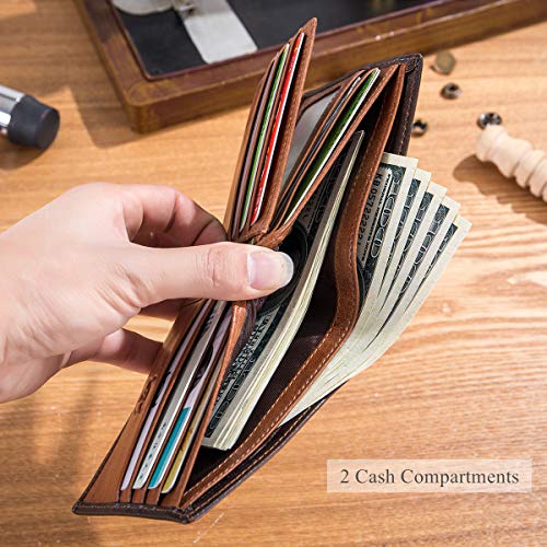 BULLCAPTAIN RFID Wallets for Men,Genuine Leather Wallet QB-05 (Brown) | Slim,Bifold,Front Pocket Wallet, 2 ID Windows,11 Card Slots,RFID Blocking Technology,Gift Choice - color: Brown