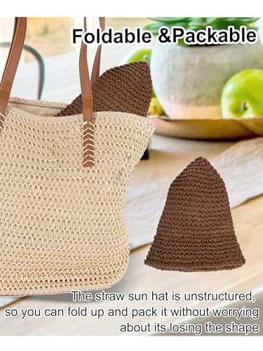 Womens Sun Hat Handmade Straw Bucket UV Protection Travel Summer Beach Cap - color: Coffee
