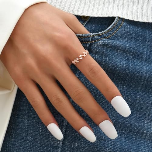 Dainty Rings Open Adjustable Ring Leaf Ring for Women Dainty Stackable Rings for Women - color: Rose-02