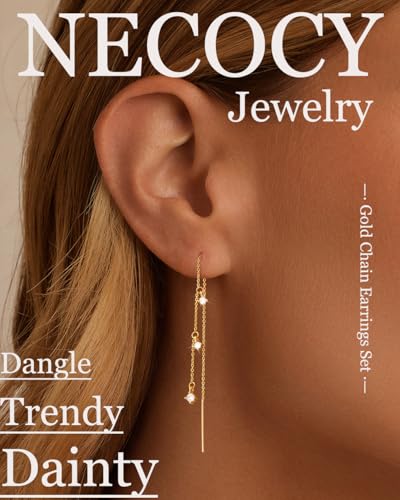 NECOCY Gold Dangle Earrings for Women Non Tarnish 14K Gold Plated Drop Wedding Hypallergenic Earring Dainty Long Hanging Chain CZ Pearl Threader Earrings Trendy Silver Plated Jewelry for Women - style: Gold&Style3
