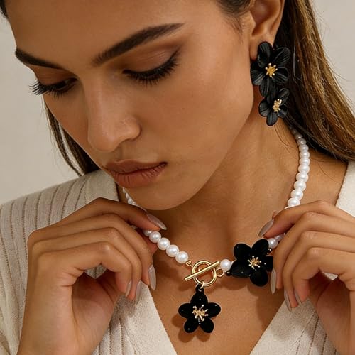 WCRAZYE Gold Flower Earrings Necklace Set for Women Boho Summer Daisy Floral Statement Earrings Brides Wedding Guest Dresses Jewelry - color: Black B