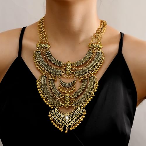 Vintage Multilayer Ethnic Tribal Statement Choker Necklace Bohemian Indian Turkish Jewelry for Women - color: Yellow-a
