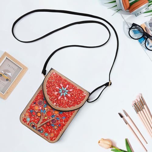 Small Beaded Crossbody Bag for Women, Boho Cell Phone Shoulder Purse Wallet with Handcrafted Colorful Beads - color: Tree-red