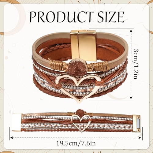 Leather Wrap Bracelet for Women, Boho Cuff Bracelet with Strong Clasp, Multi-Layer Crystal Leather Bracelet for Valentine Mother's Day - color: 01-Heart-Brown