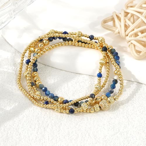 Dainty 14K Gold Lantern Beaded Bracelets Stack for Women,4PCS Colorful Glass Beads Stretch Stackable Bracelets Set Fashion Prom Jewelry Gift Friendship - color: Indigo
