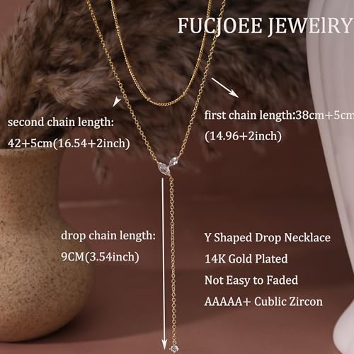 Gold Necklace for Women - Dainty Long Lariat Necklace 14K Gold Plated Clover Star Teardrop CZ Y Shaped Drop Necklaces Cute Long Necklaces for Women Trendy Prom Formal Womens Jewelry - color: Gold-Layered PJ Drop