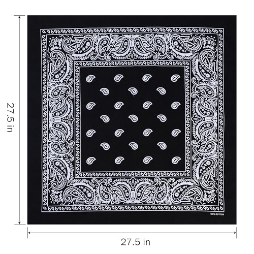 Mochabao 100% Cotton 27" x 27" Large Bandanas for Men & Women, Multi-Purpose Bandana Headbands, Square Head Scarf - color: Black