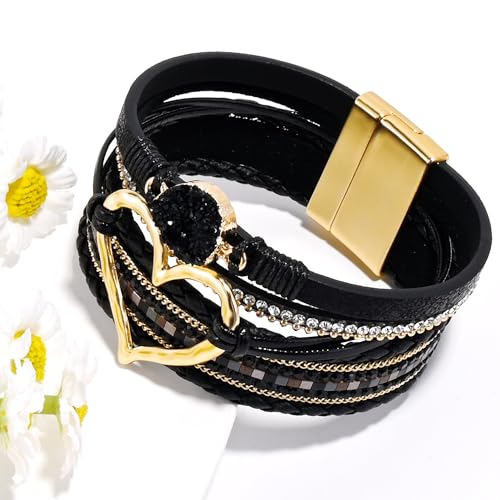 VIBILIA Boho Leather Wrap Bracelets for Women Multi-Layer Bracelets with Strong Clasp Jewelry for Women - color: 01-Heart-Black