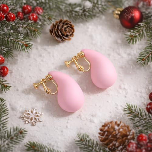 14K Gold Clip On Earrings Women,Teardrop Chunky Detachable Hoop Clip-On Earrings for Non Pierced Ears Hypoallergenic Lightweight Earring Clips - color: Pink