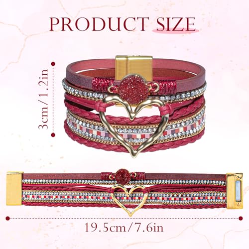 Leather Wrap Bracelet for Women, Boho Cuff Bracelet with Strong Clasp, Multi-Layer Crystal Leather Bracelet for Valentine Mother's Day - color: 01-Heart-Burgundy