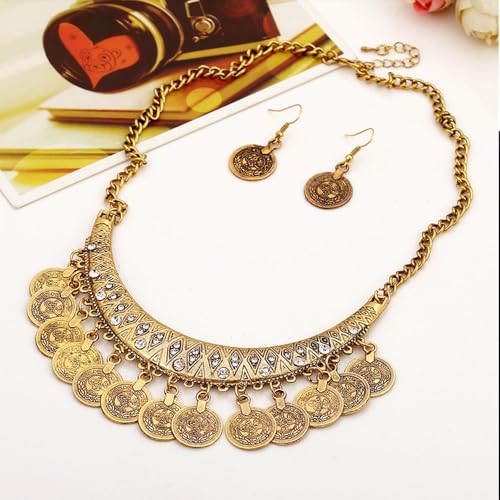 FUTIMELY Chunky Coin Necklace Earrings Set,Bohemia Plated Gold Coin Tassel Personalized Choker Earrings,Ethnic Gypsy Statement Jewelry Set for Women - color: Gold