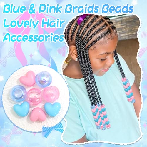 60PCS Hair Beads for Braids Pink Blue Heart Shape Loc Bead Jewelry AB Color Round Dreadlock Beads Hair Accessories - color: Blue&Pink