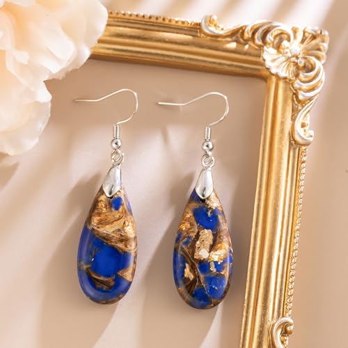 Stone Drop Earrings for Women Earrings Teardrop Jasper Stone Dangle Earrings - color: Blue&Brown-Silvery Hook