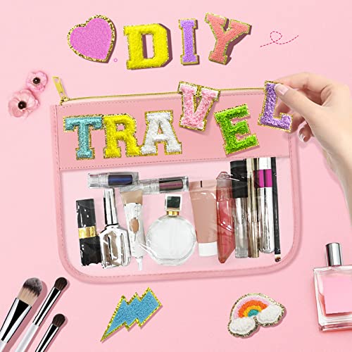 LOKFAR Nylon Makeup Bag DIY Chenille Letter Clear Travel Zipper Pouch, Preppy Makeup Bag Clear Cosmetic Bag, Water-proof Makeup Travel Pouch Snack Bags for Women (Pink) - color: Pink